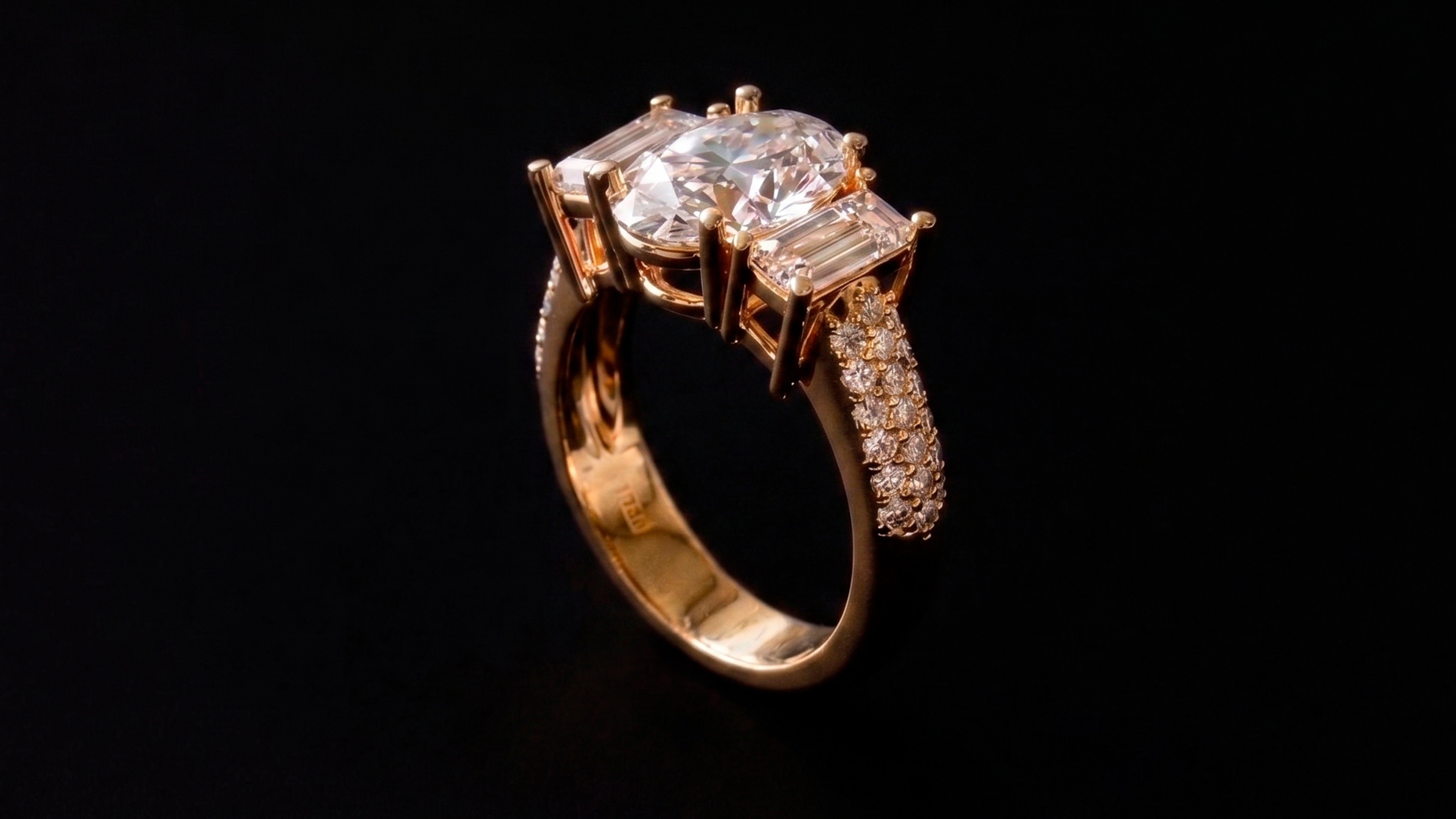 Module 05 — multi-stone ring with pear cut, baguettes and pavé, ZBrush render