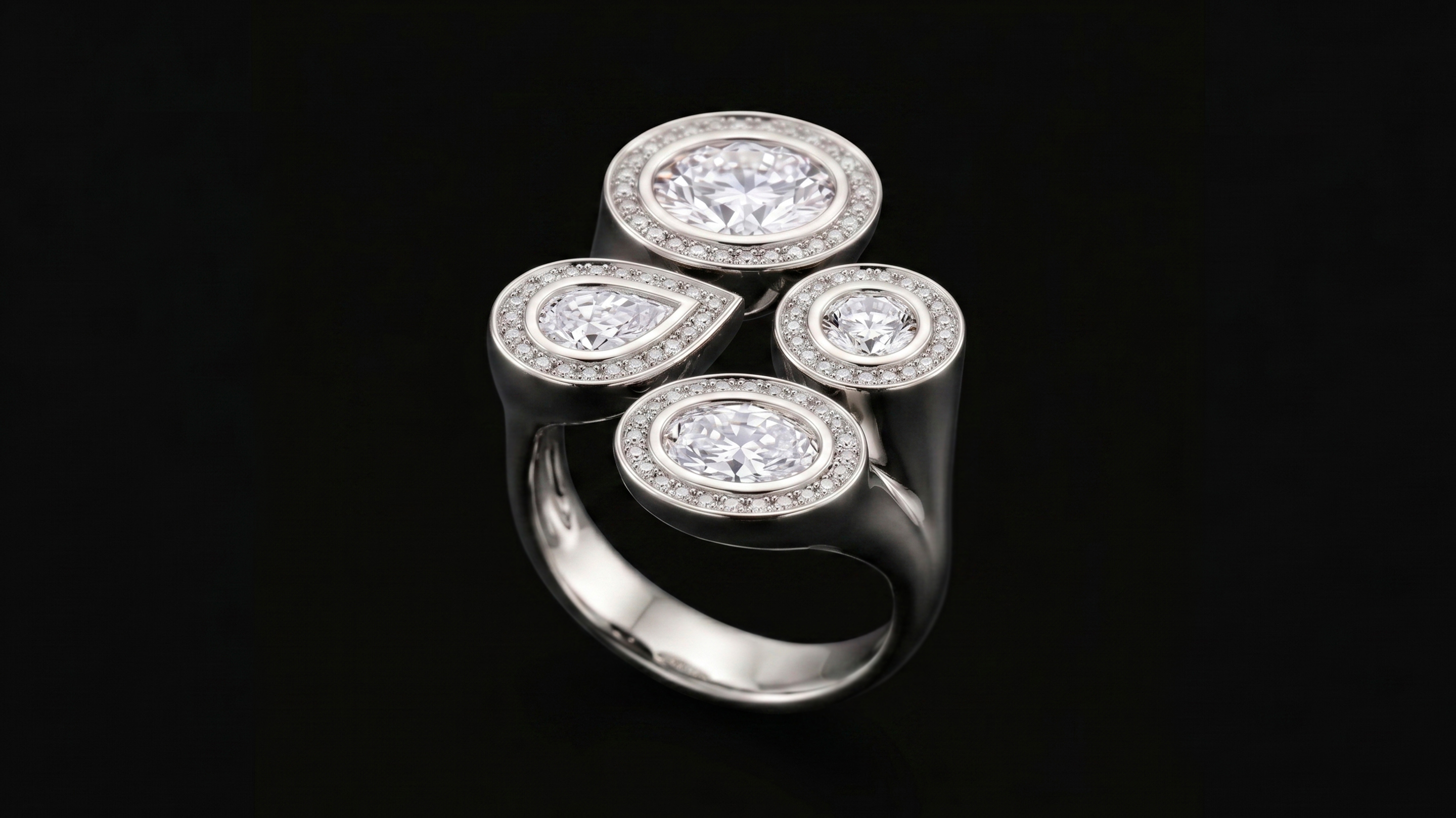 Module 07 — integrative final piece, asymmetric composition with four settings and pavé halos, ZBrush render