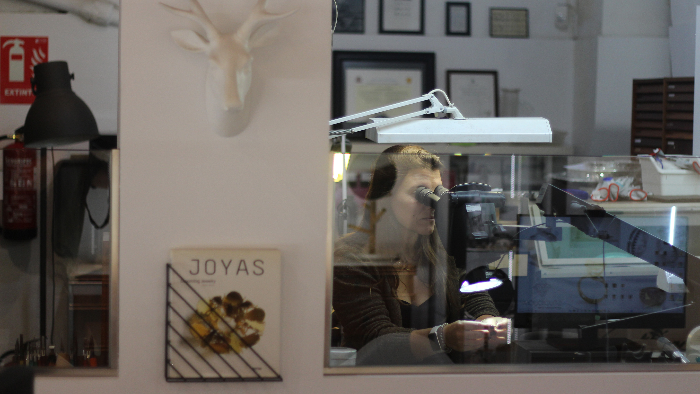 Diana working at a microscope on a jewellery piece